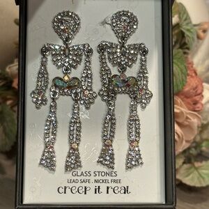 Piper K Crystal Skeleton Drop Earrings Glass Stones Silver Tone New